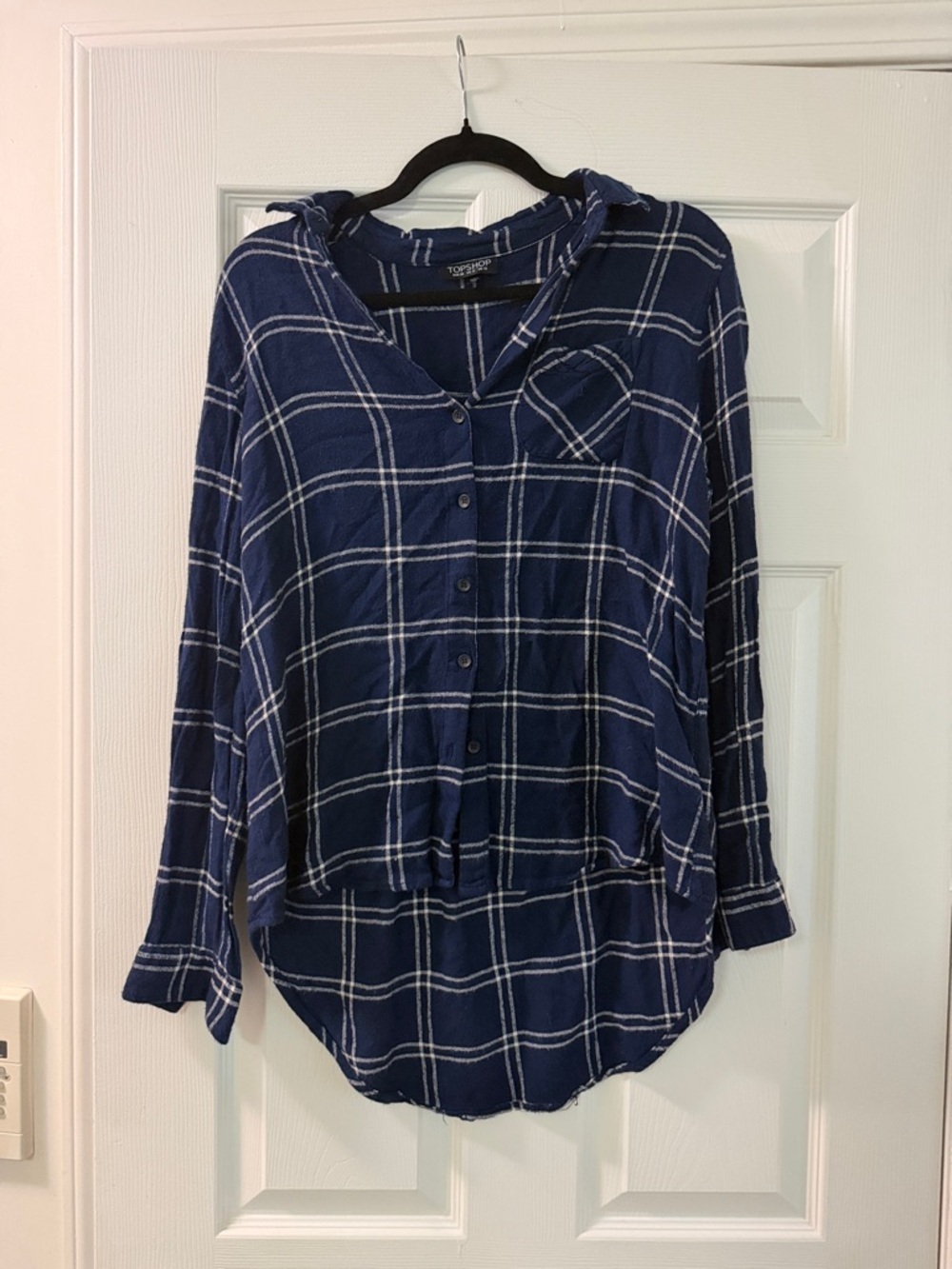 Topshop Blue Plaid Hooded Button-Up Shirt